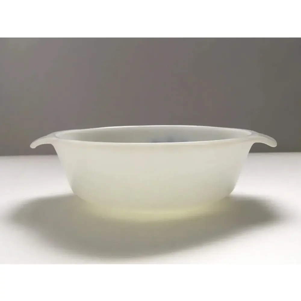 Vintage Anchor Hocking Milk Glass Blue Cornflower Print Serving Dish White